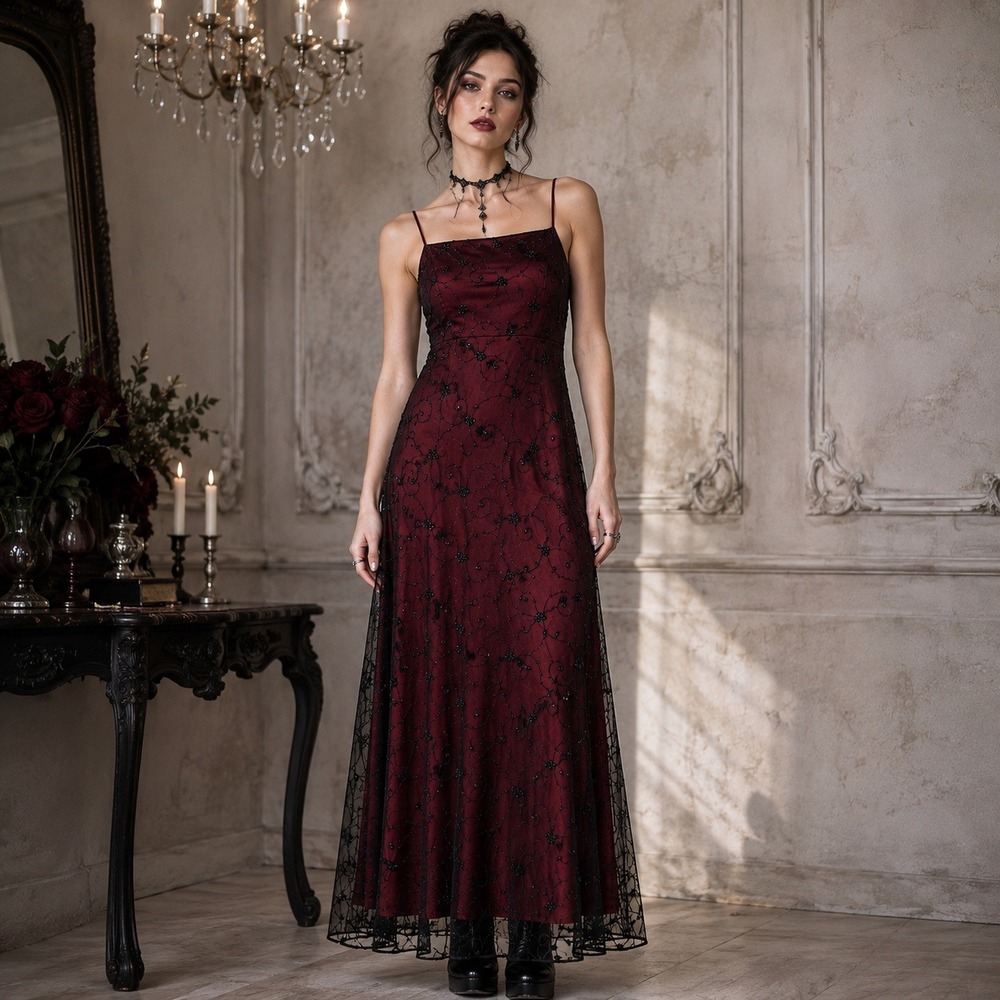 Vintage Laura Salkin Burgundy Red Black Mesh Sequin Maxi Dress 8 Whimsigoth Vamp